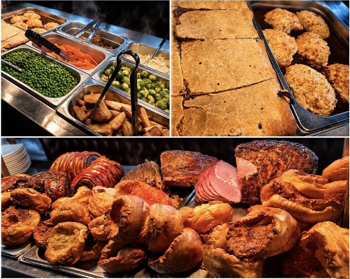 The Sunday carvery counter at The Lakeside Inn: roast meats, honey gammon, golden Yorkshire puddings and trays of fresh vegetables
