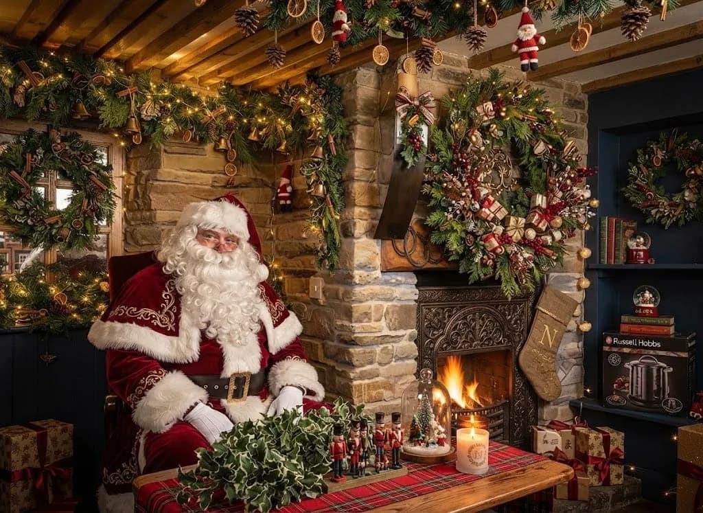 Santa sitting by a roaring log fire in a cosy room decked with garlands, wreaths and stockings at The Lakeside